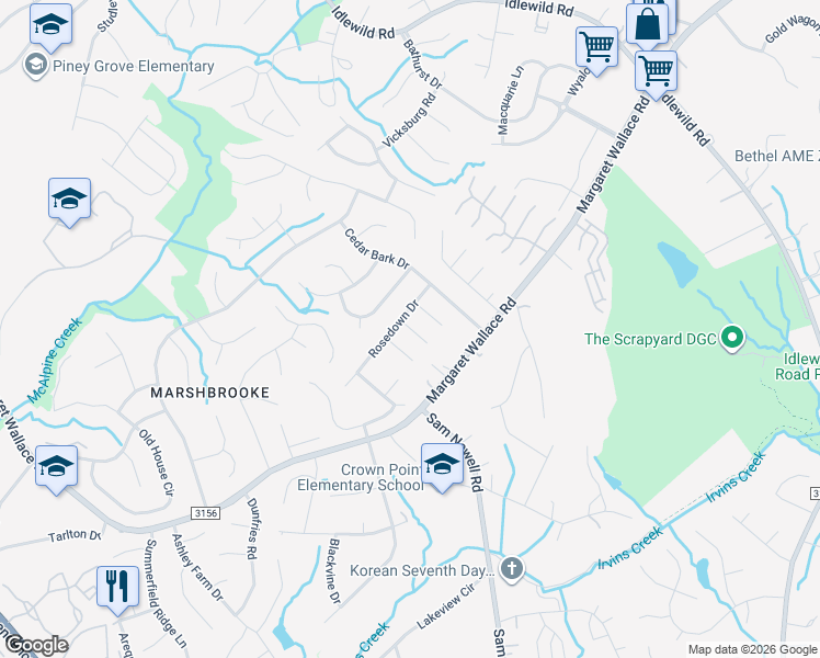 map of restaurants, bars, coffee shops, grocery stores, and more near Harness Lane in Matthews