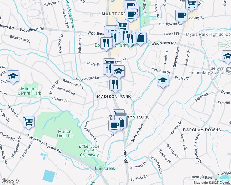 map of restaurants, bars, coffee shops, grocery stores, and more near 4717 Park Road in Charlotte