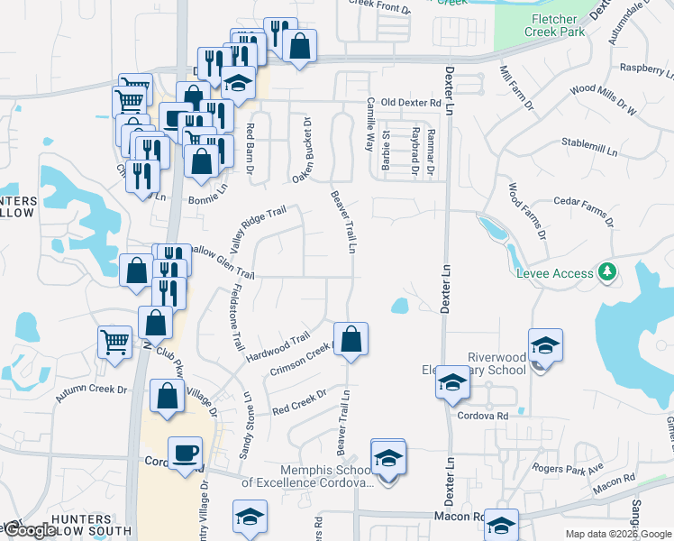 map of restaurants, bars, coffee shops, grocery stores, and more near 8295 Shallow Rock Cove in Memphis
