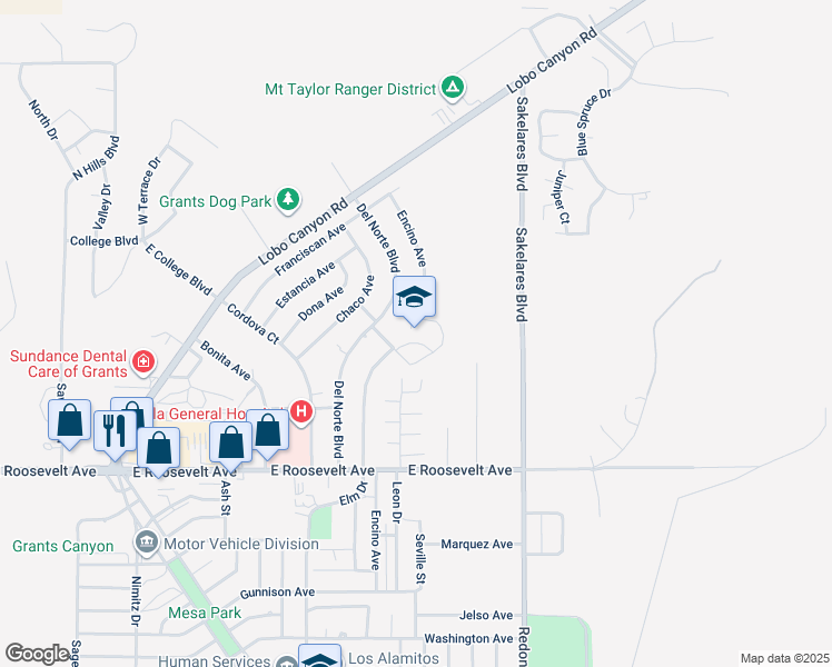 map of restaurants, bars, coffee shops, grocery stores, and more near 1607 Del Norte Boulevard in Grants