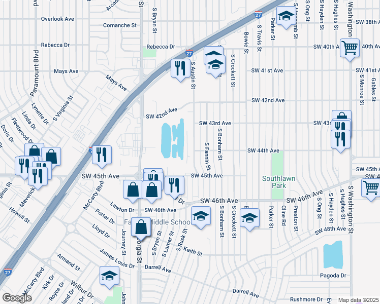 map of restaurants, bars, coffee shops, grocery stores, and more near 4352 South Austin Street in Amarillo