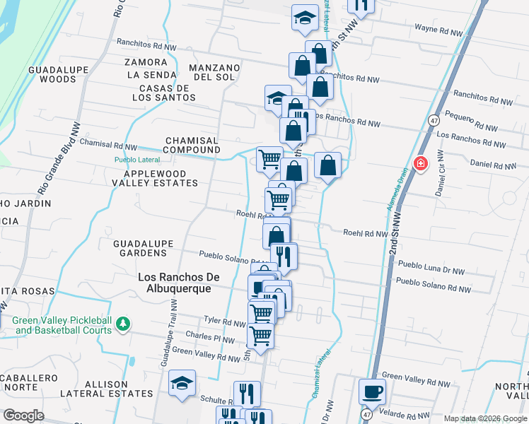 map of restaurants, bars, coffee shops, grocery stores, and more near 513 Roehl Road Northwest in Los Ranchos de Albuquerque