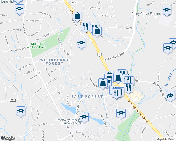 map of restaurants, bars, coffee shops, grocery stores, and more near 7659 Abigail Glen Drive in Charlotte