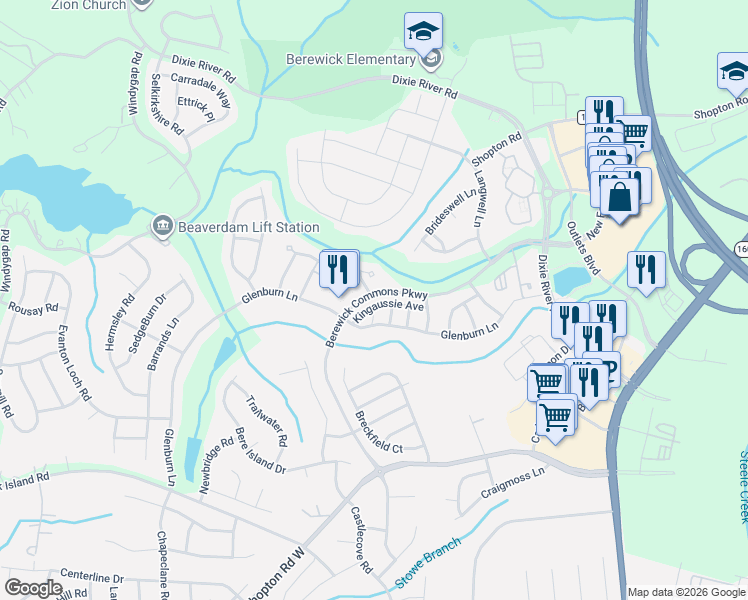 map of restaurants, bars, coffee shops, grocery stores, and more near 9605 Springholm Drive in Charlotte