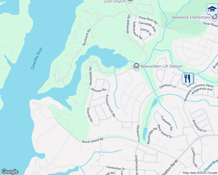 map of restaurants, bars, coffee shops, grocery stores, and more near 7018 Evanton Loch Road in Charlotte