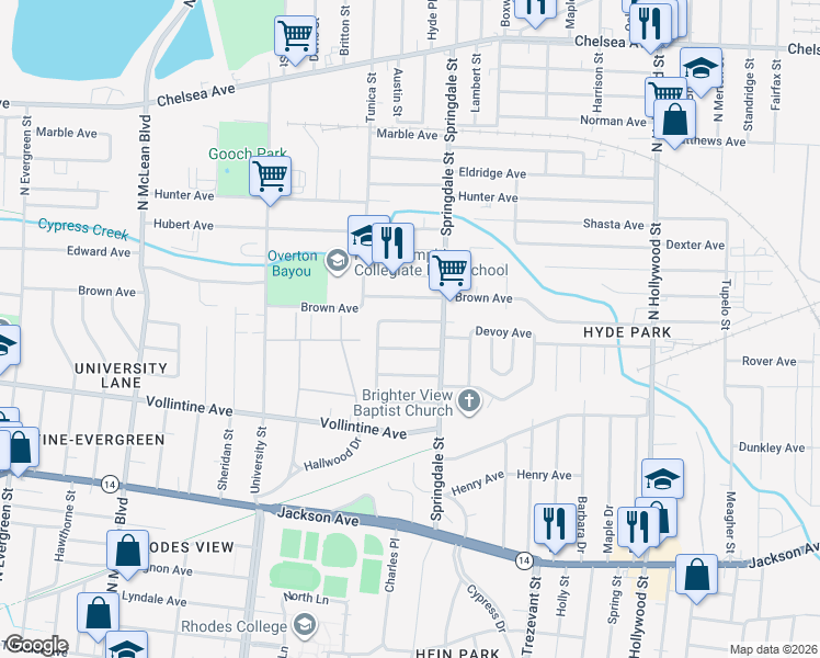 map of restaurants, bars, coffee shops, grocery stores, and more near 2170 Piedmont Avenue in Memphis