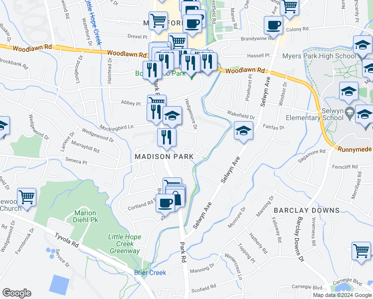 map of restaurants, bars, coffee shops, grocery stores, and more near 4736 Hedgemore Drive in Charlotte