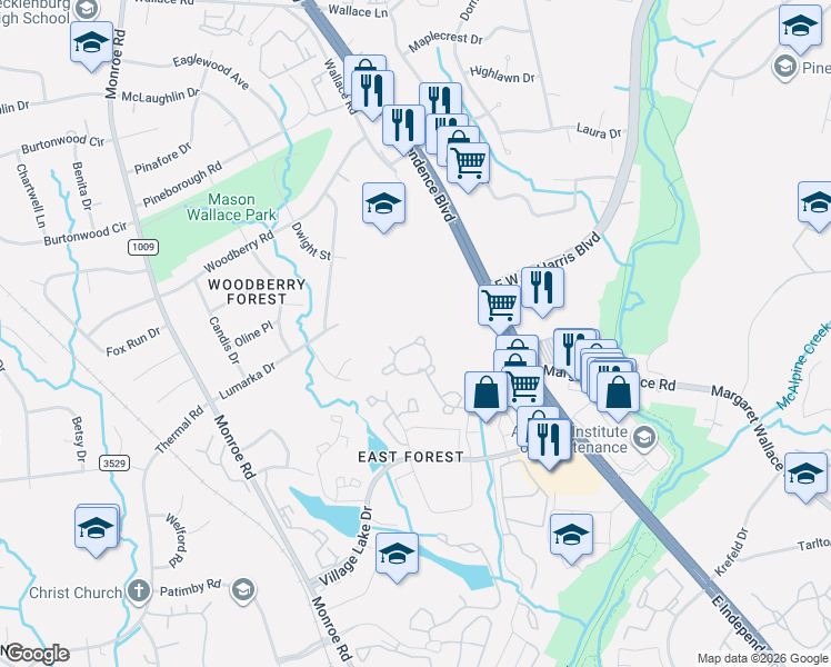 map of restaurants, bars, coffee shops, grocery stores, and more near 7659 Abigail Glen Drive in Charlotte