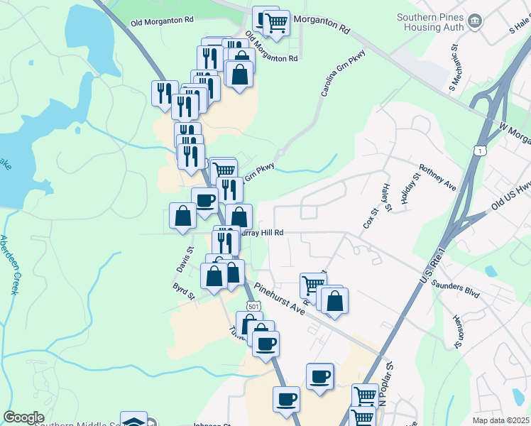 map of restaurants, bars, coffee shops, grocery stores, and more near 180 Short Street in Southern Pines