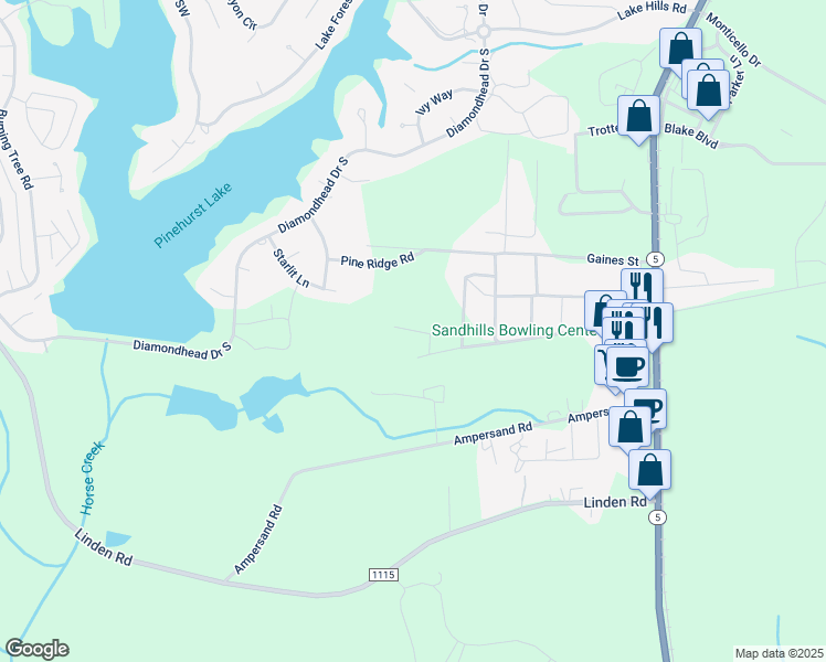 map of restaurants, bars, coffee shops, grocery stores, and more near Harrington Lane in Pinehurst