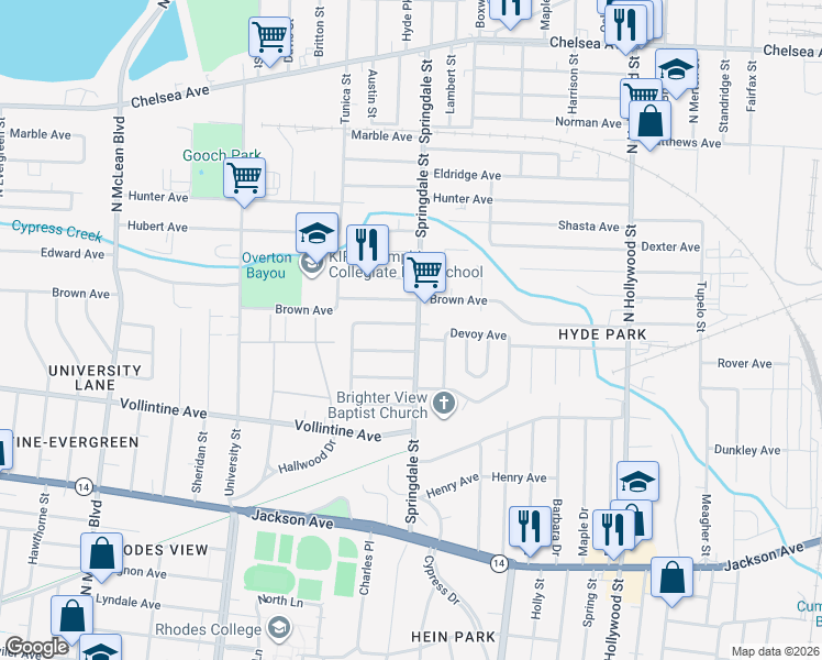 map of restaurants, bars, coffee shops, grocery stores, and more near 1088 Springdale Street in Memphis