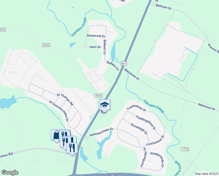 map of restaurants, bars, coffee shops, grocery stores, and more near 6539 Ramsey Street in Fayetteville