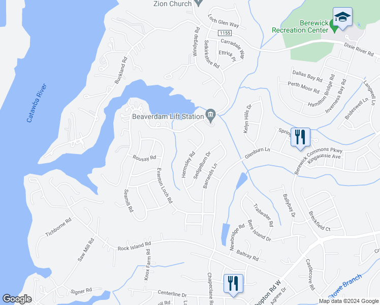 map of restaurants, bars, coffee shops, grocery stores, and more near 6419 Hermsley Road in Charlotte