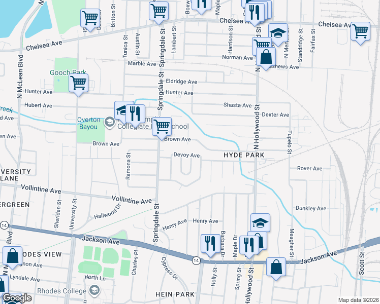 map of restaurants, bars, coffee shops, grocery stores, and more near 2255 Brown Avenue in Memphis