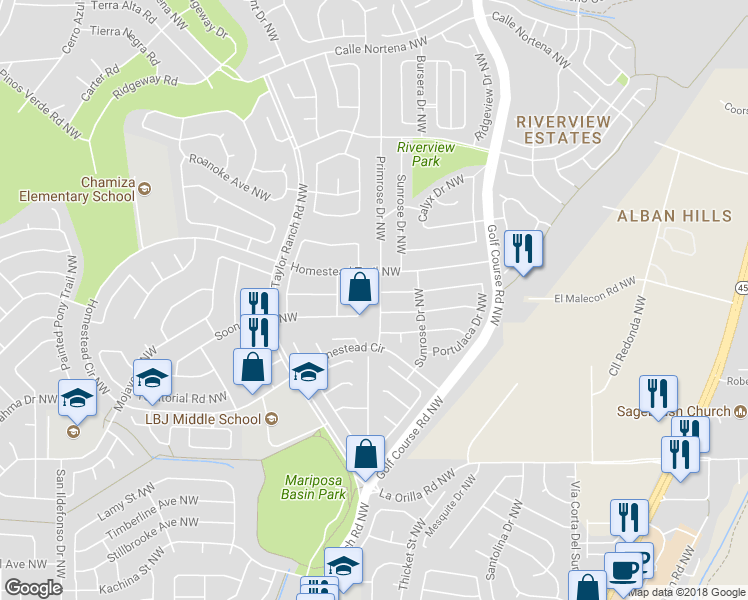 map of restaurants, bars, coffee shops, grocery stores, and more near 7209 Primrose Drive Northwest in Albuquerque