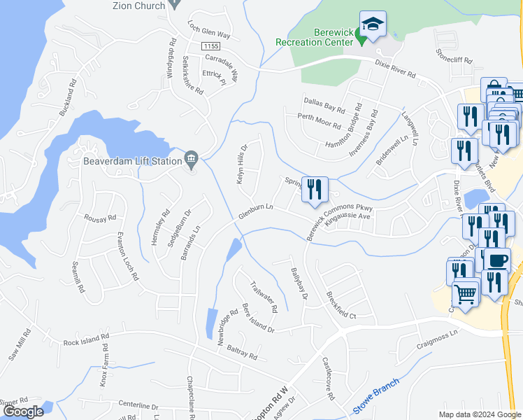 map of restaurants, bars, coffee shops, grocery stores, and more near 9843 Glenburn Lane in Charlotte