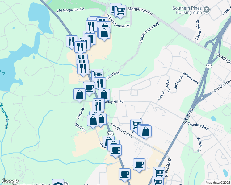 map of restaurants, bars, coffee shops, grocery stores, and more near 180 Short Street in Southern Pines
