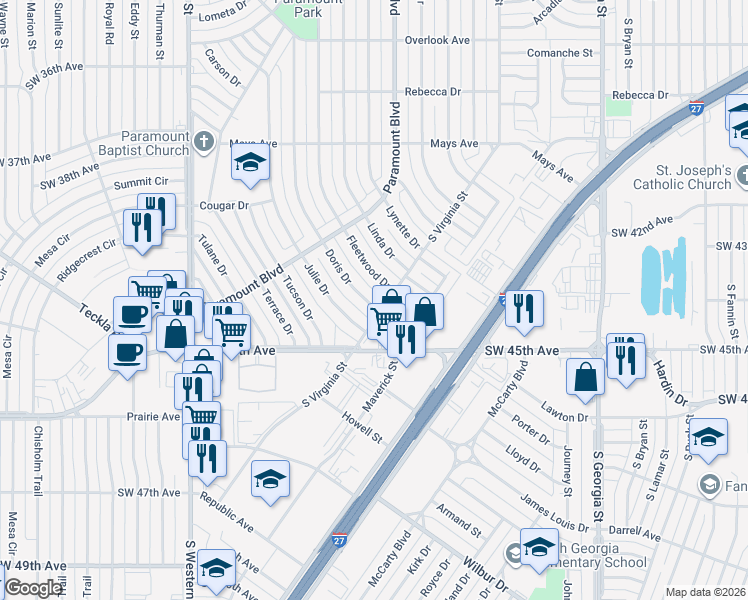 map of restaurants, bars, coffee shops, grocery stores, and more near 3921-3923 Fleetwood Drive in Amarillo