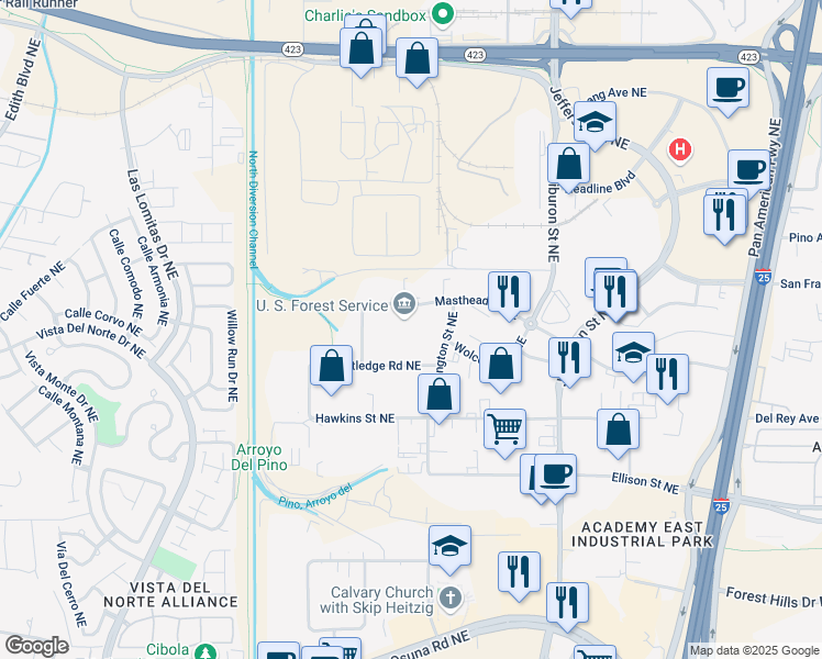 map of restaurants, bars, coffee shops, grocery stores, and more near 3900 Masthead Street Northeast in Albuquerque