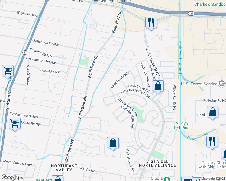 map of restaurants, bars, coffee shops, grocery stores, and more near 905 Calle Fuerte Northeast in Albuquerque