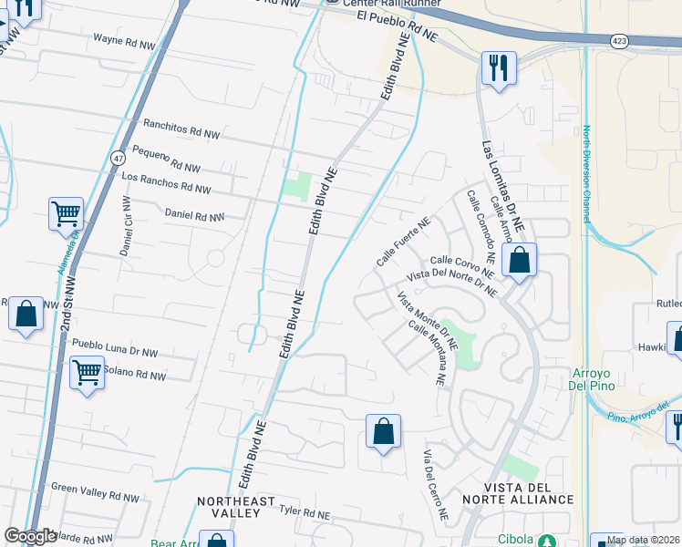 map of restaurants, bars, coffee shops, grocery stores, and more near 7626 Edith Boulevard Northeast in Albuquerque