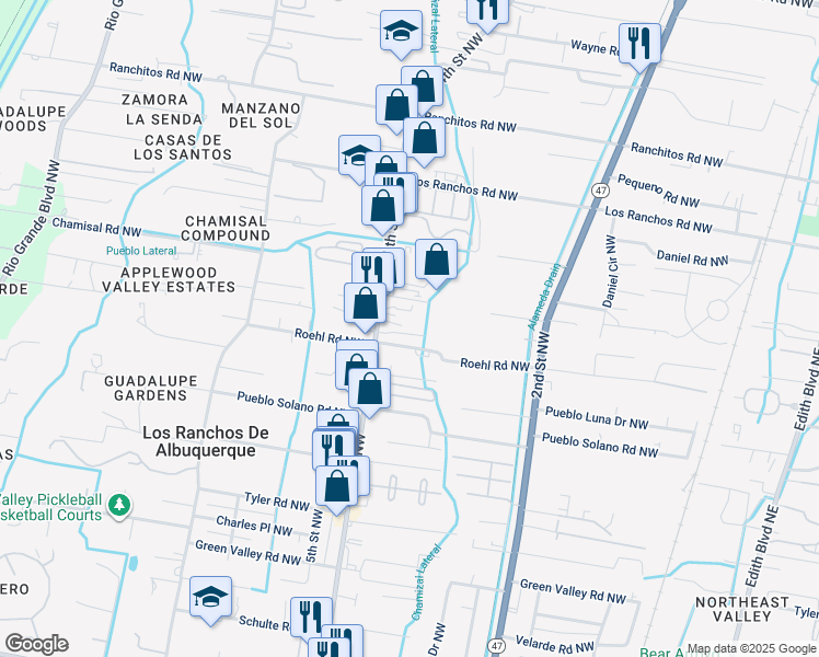 map of restaurants, bars, coffee shops, grocery stores, and more near 7226 4th Street Northwest in Los Ranchos de Albuquerque
