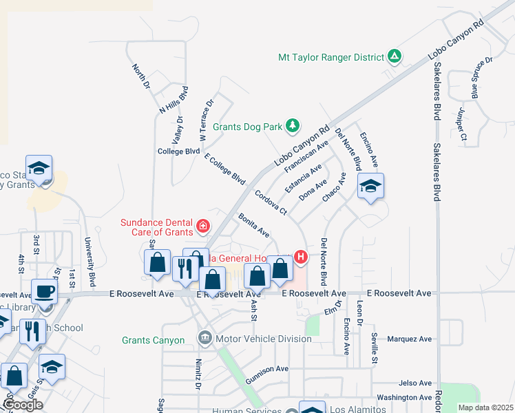 map of restaurants, bars, coffee shops, grocery stores, and more near 1101 Franciscan Avenue in Grants
