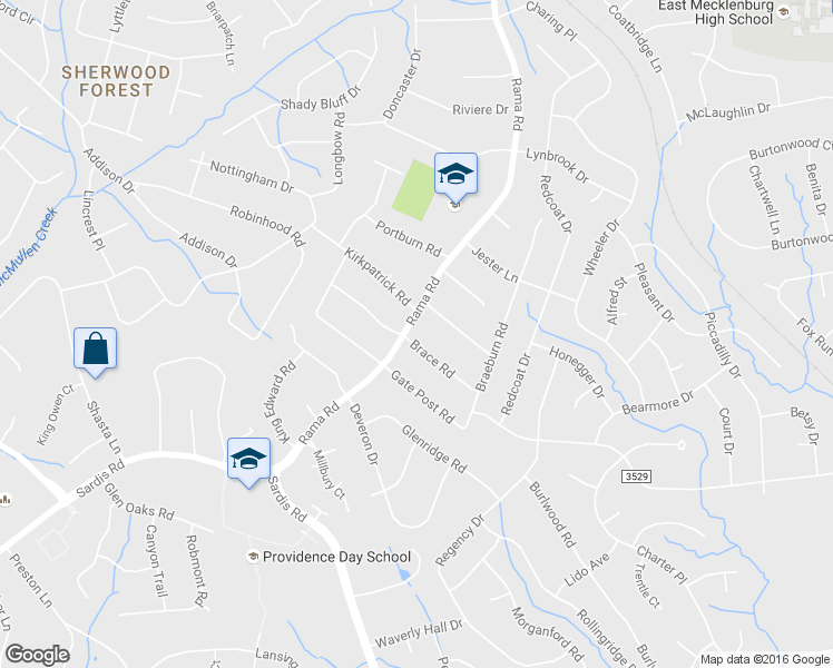 map of restaurants, bars, coffee shops, grocery stores, and more near 6000 Springhouse Lane in Charlotte