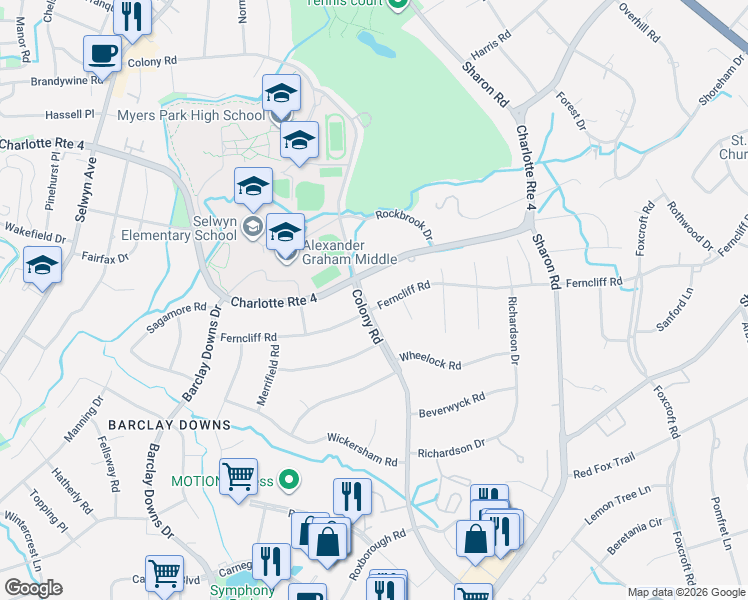 map of restaurants, bars, coffee shops, grocery stores, and more near 1517 Runnymede Lane in Charlotte