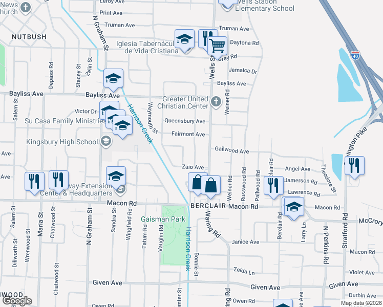 map of restaurants, bars, coffee shops, grocery stores, and more near 1242 Darlow Street in Memphis