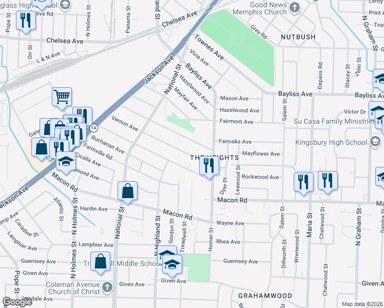 map of restaurants, bars, coffee shops, grocery stores, and more near 3570 Vernon Avenue in Memphis