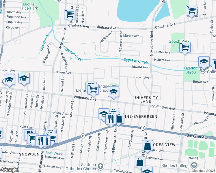 map of restaurants, bars, coffee shops, grocery stores, and more near 1685 Rosebud Lane in Memphis