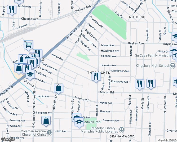 map of restaurants, bars, coffee shops, grocery stores, and more near 3570 Vernon Avenue in Memphis