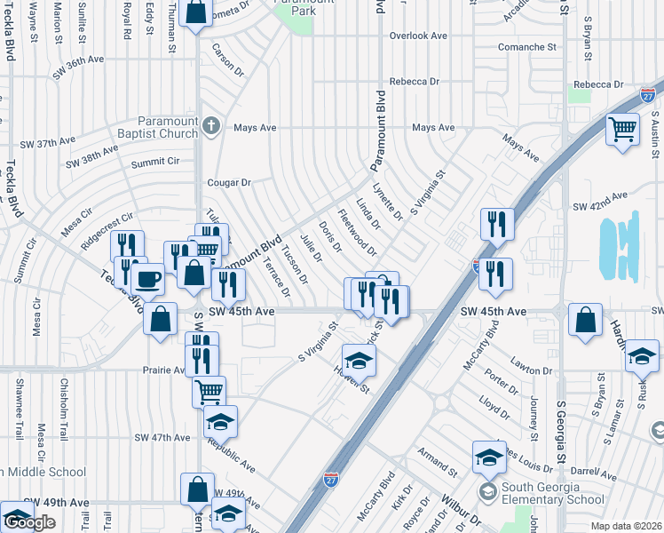 map of restaurants, bars, coffee shops, grocery stores, and more near 3922 Doris Drive in Amarillo
