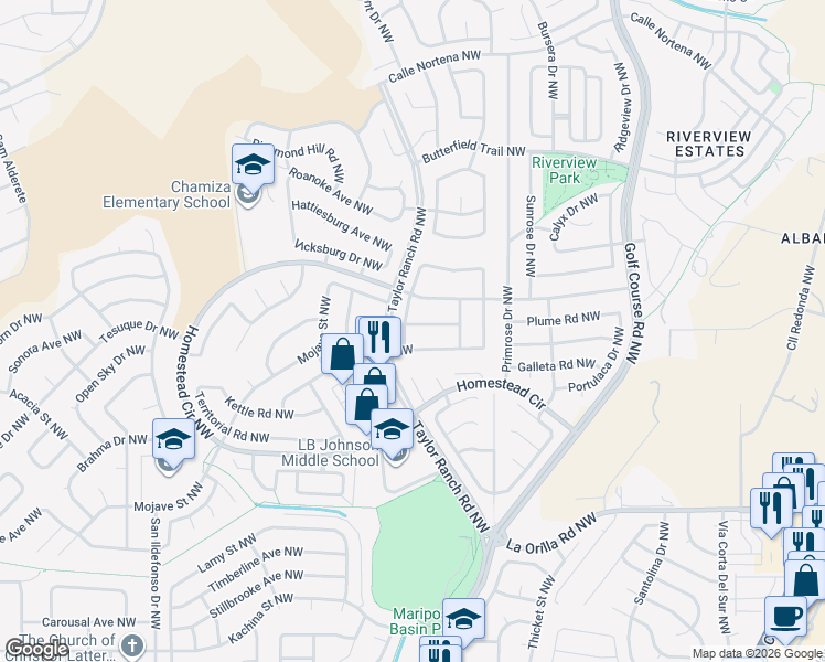 map of restaurants, bars, coffee shops, grocery stores, and more near 5001 Chisholm Trail Northwest in Albuquerque
