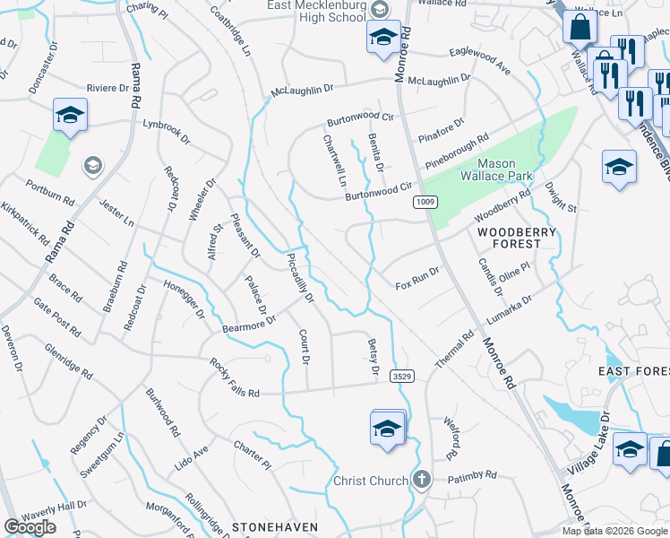map of restaurants, bars, coffee shops, grocery stores, and more near 1310 Fox Run Drive in Charlotte