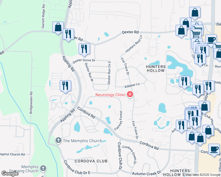 map of restaurants, bars, coffee shops, grocery stores, and more near 1492 Dexter Run East in Memphis
