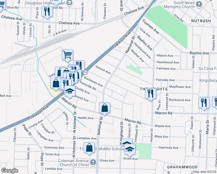 map of restaurants, bars, coffee shops, grocery stores, and more near 3437 Rockwood Avenue in Memphis
