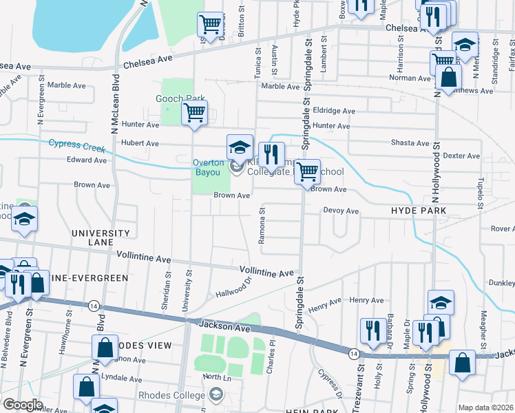 map of restaurants, bars, coffee shops, grocery stores, and more near 2130 Piedmont Avenue in Memphis