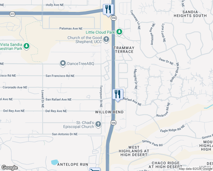 map of restaurants, bars, coffee shops, grocery stores, and more near 2312 Calle De Rafael Northeast in Albuquerque