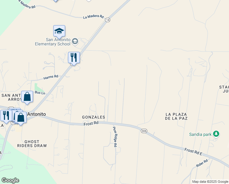 map of restaurants, bars, coffee shops, grocery stores, and more near 71 Frost Road in Sandia Park