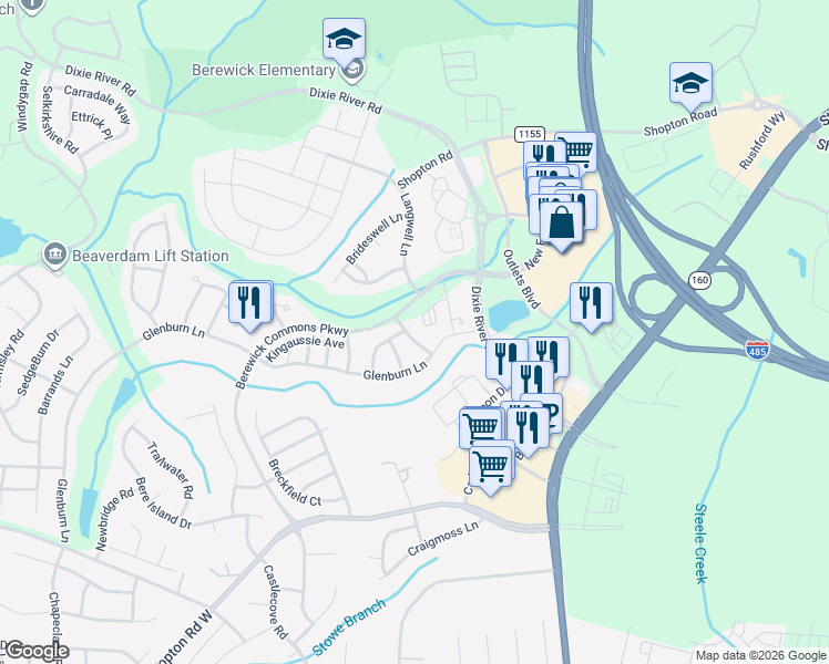 map of restaurants, bars, coffee shops, grocery stores, and more near 5675 Garrow Glen Road in Charlotte