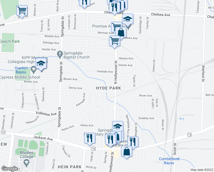 map of restaurants, bars, coffee shops, grocery stores, and more near Staten Avenue in Memphis