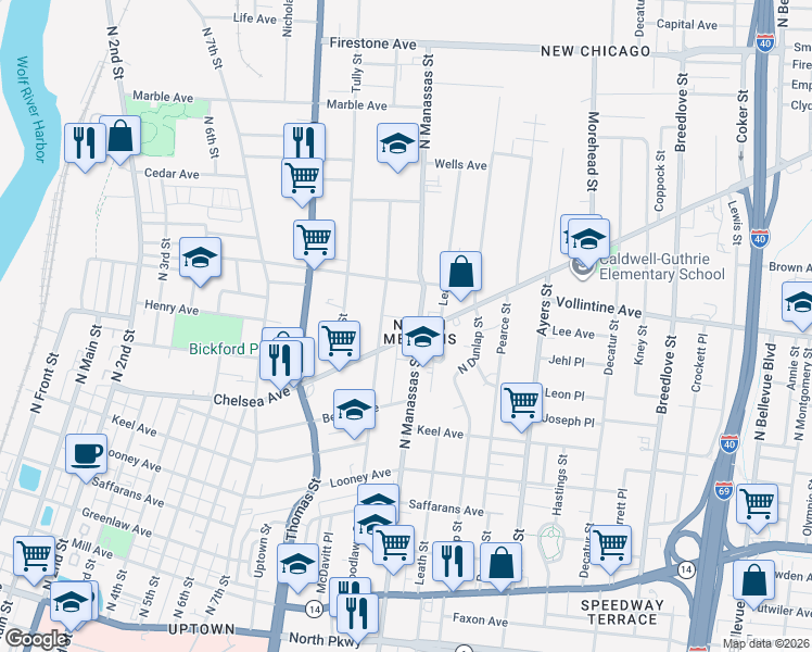 map of restaurants, bars, coffee shops, grocery stores, and more near 922 Woodlawn Street in Memphis