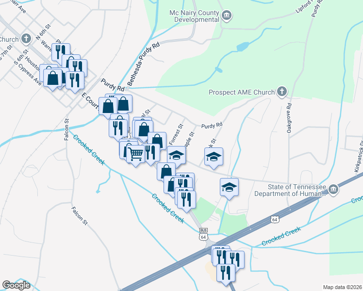 map of restaurants, bars, coffee shops, grocery stores, and more near 228 Maple Street in Selmer