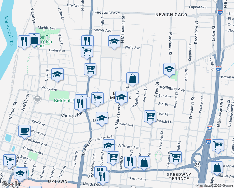 map of restaurants, bars, coffee shops, grocery stores, and more near 922 Woodlawn Street in Memphis