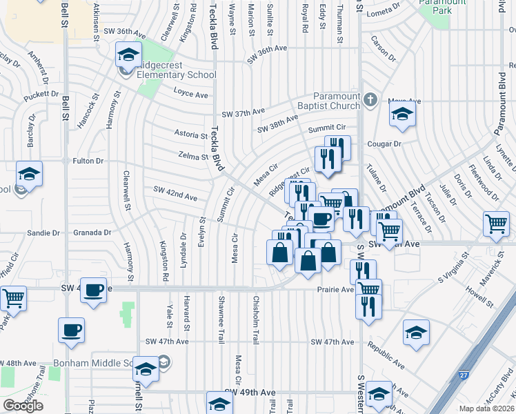 map of restaurants, bars, coffee shops, grocery stores, and more near 4403 Mesa Circle in Amarillo
