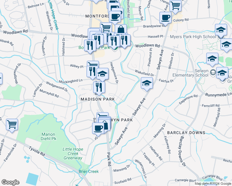 map of restaurants, bars, coffee shops, grocery stores, and more near 4731 Hedgemore Drive in Charlotte