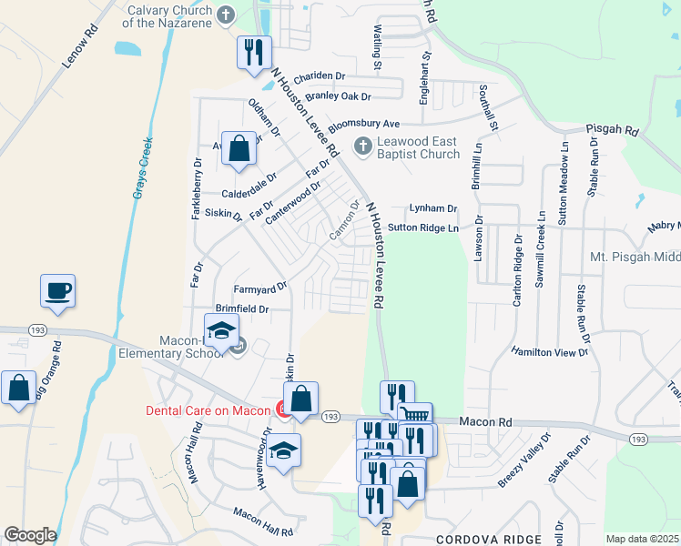 map of restaurants, bars, coffee shops, grocery stores, and more near 1482 Archstone Drive in Shelby County