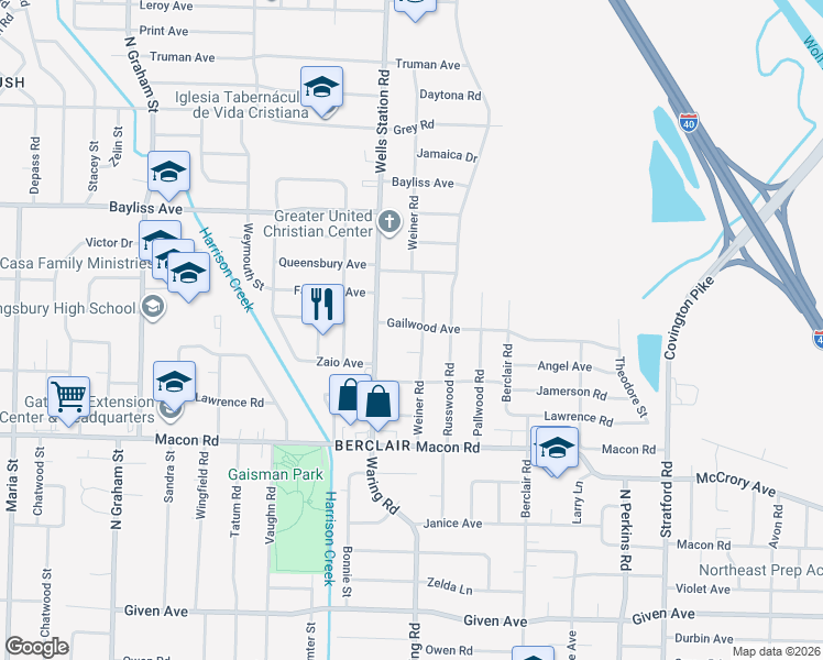 map of restaurants, bars, coffee shops, grocery stores, and more near 4332 Gailwood Avenue in Memphis